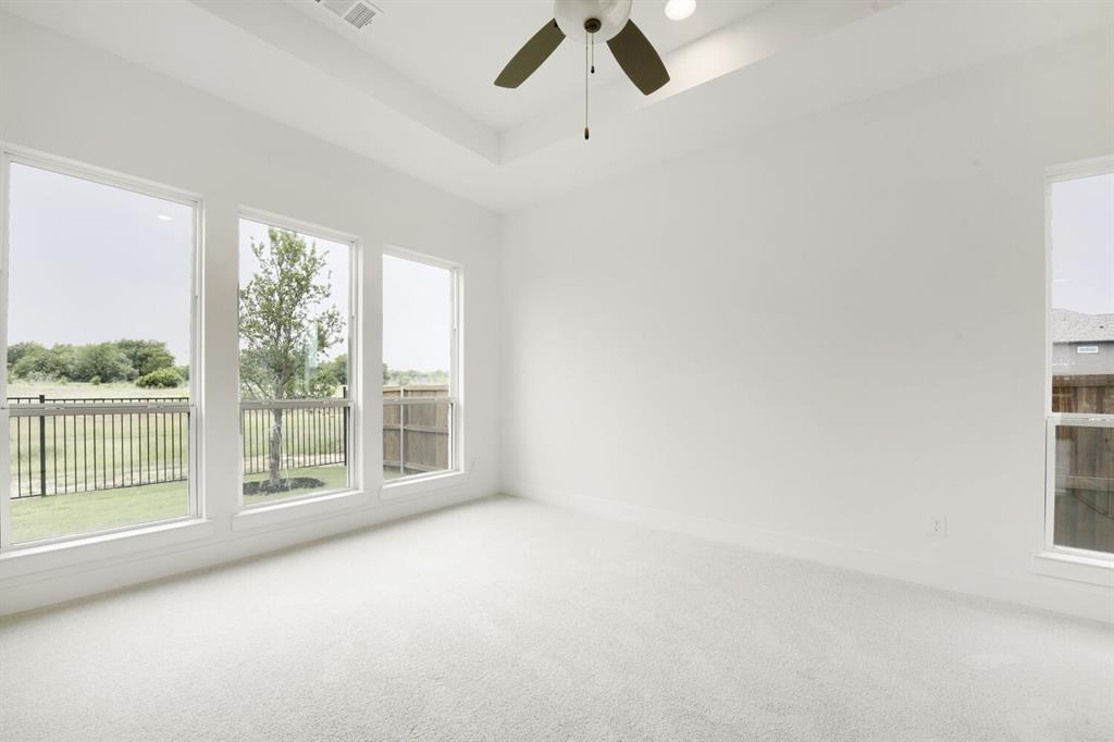 733 Red Cedar Road Haslet, TX 76052 - Photo 13 of 28 Spacious room featuring a tray ceiling, ceiling fan with integrated lighting, recessed lighting, and light-toned carpet flooring