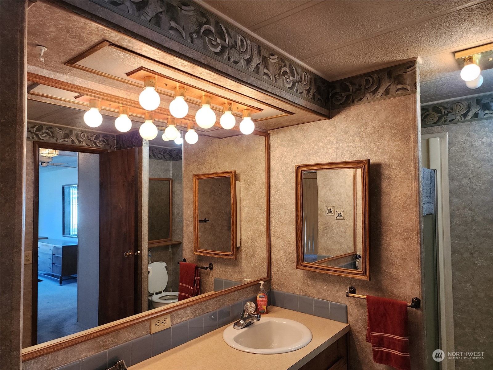 23706 Lake Drive West Bothell, WA 98021 - Photo 14 of 24 a bathroom with a sink a mirror and a shower