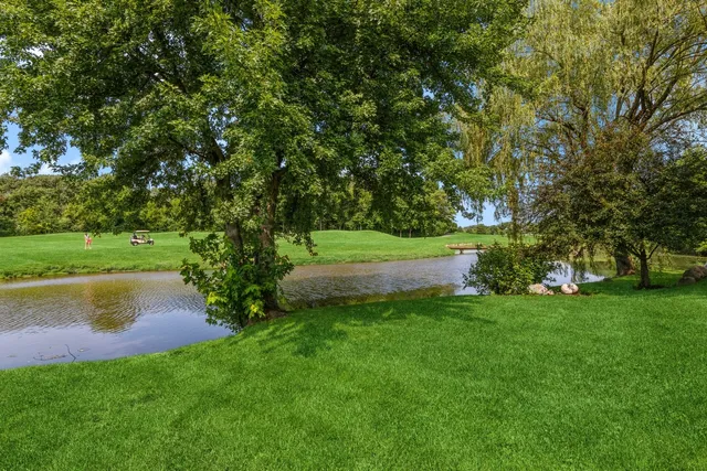 a view of a lake with a big yard and large trees