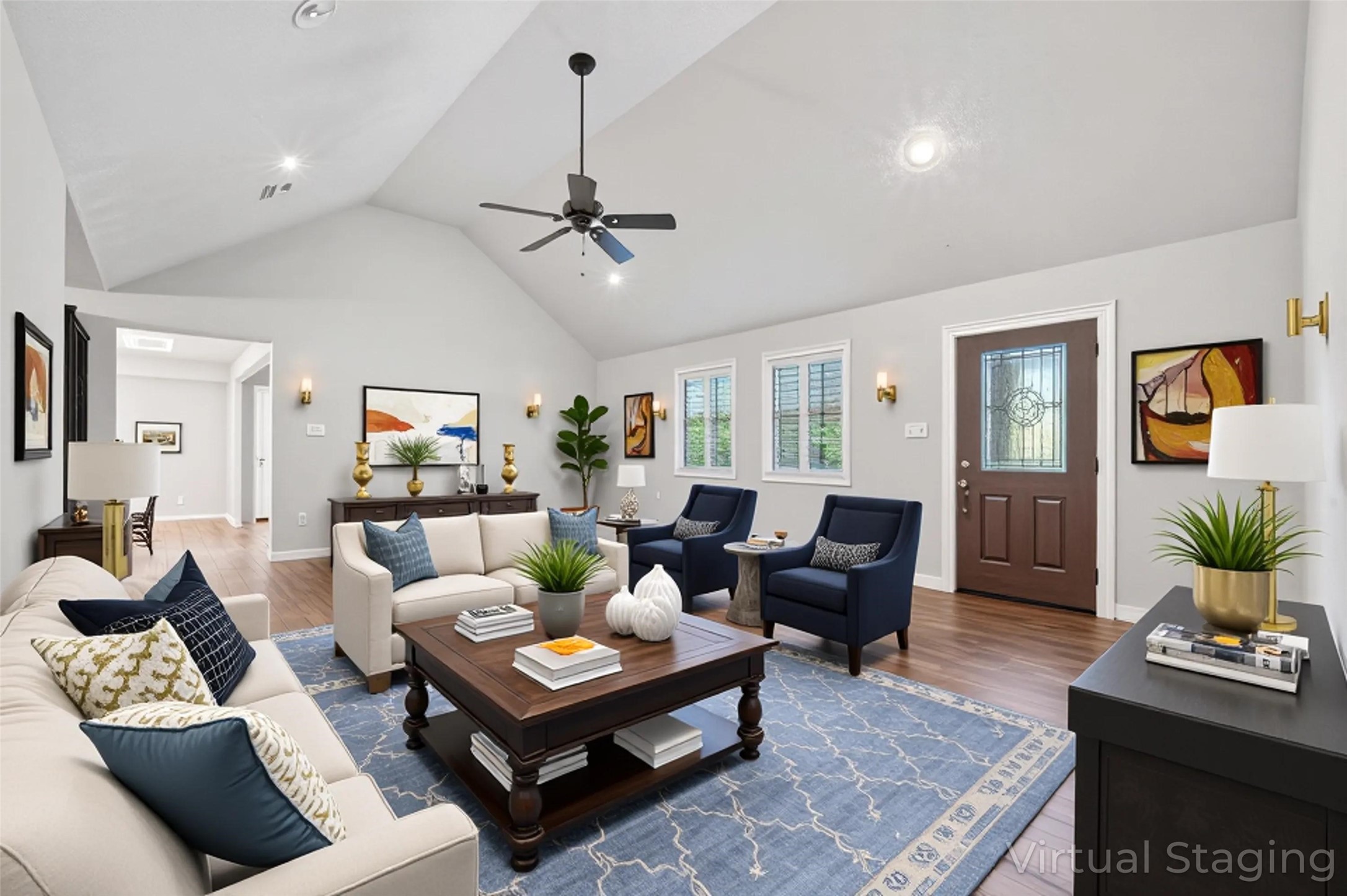 This virtually staged family room offers a bright, inviting space, perfect for creating cherished memories.