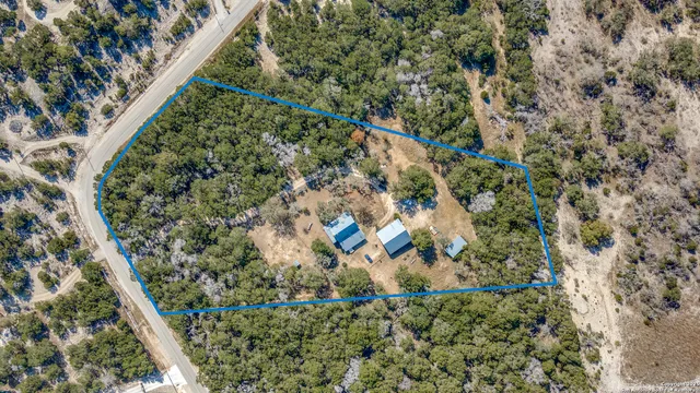 an aerial view of residential houses with outdoor space and trees