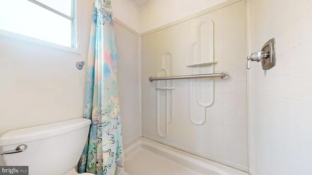 a bathroom with a shower and a toilet