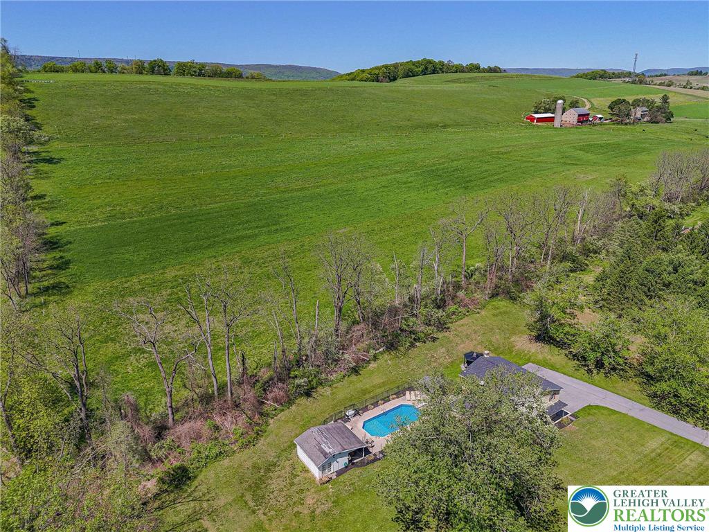3857 Friedens Road Slatington, PA 18080 - Photo 48 of 75 This verdant landscape showcases a charming residence with a refreshing pool, surrounded by expansive fields and mature trees.