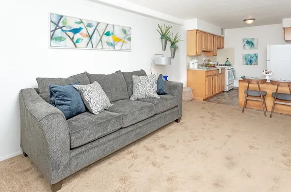 a living room with furniture and a refrigerator