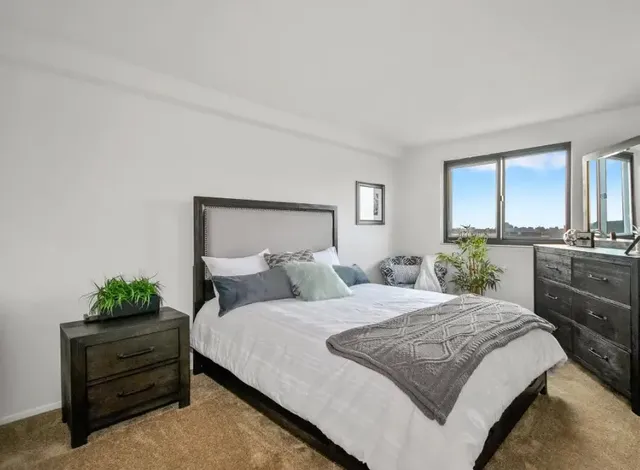 a bedroom with a bed potted plant on dresser and a window