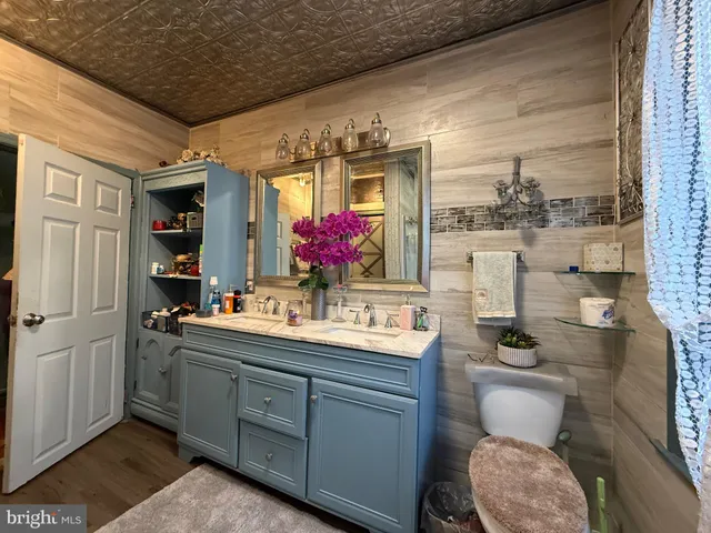 a bathroom with a toilet a sink and mirror