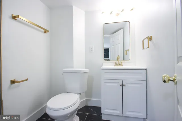 a bathroom with a toilet a sink a mirror and vanity