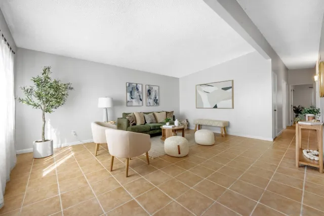 a living room with furniture and potted plant