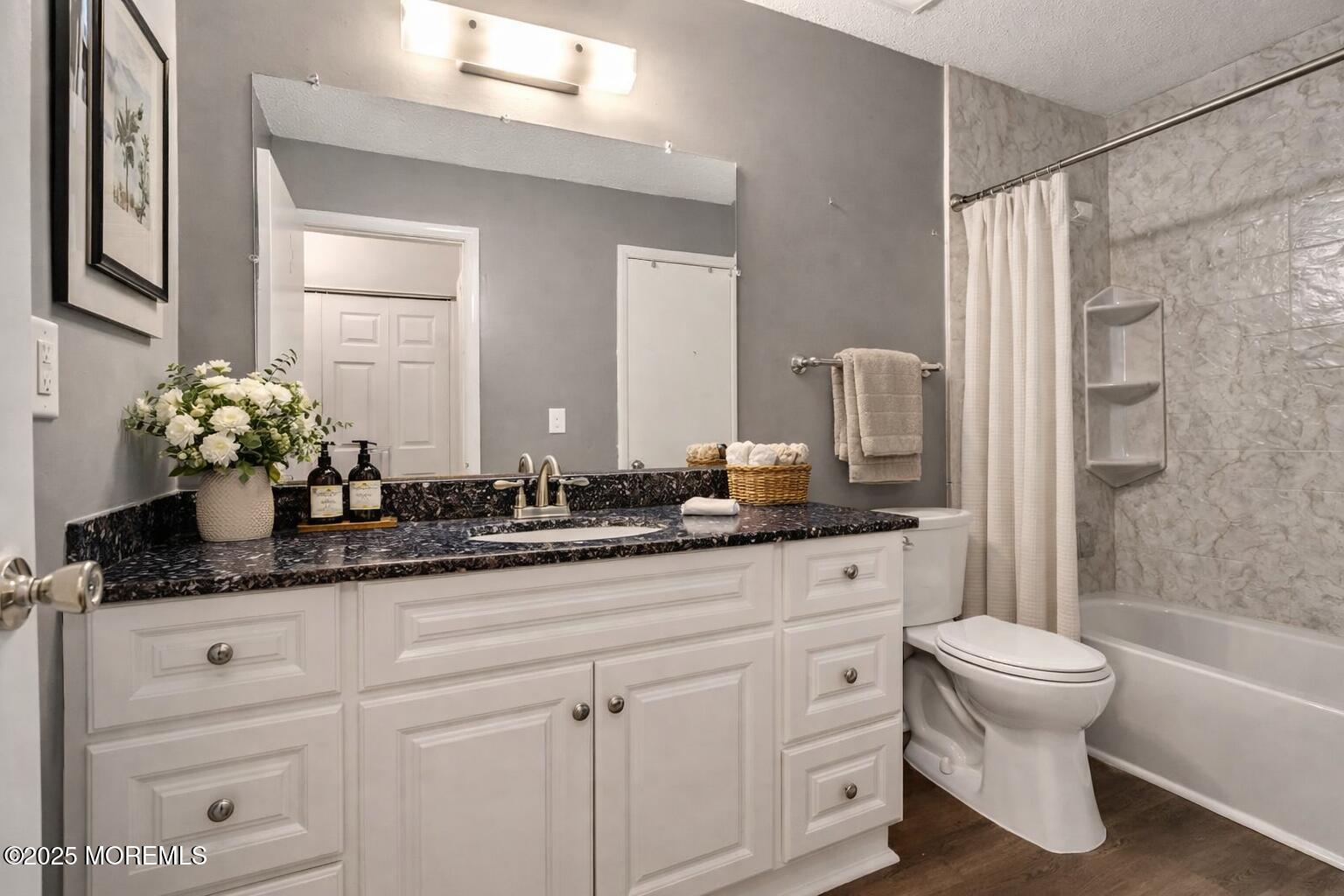 705 Bluebell Drive Jackson, NJ 08527 - Photo 28 of 44 a bathroom with a granite countertop sink a toilet a mirror and shower