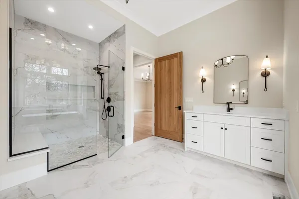 a bathroom with a granite countertop sink mirror and shower