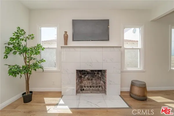a living room with furniture a potted plant and a fireplace