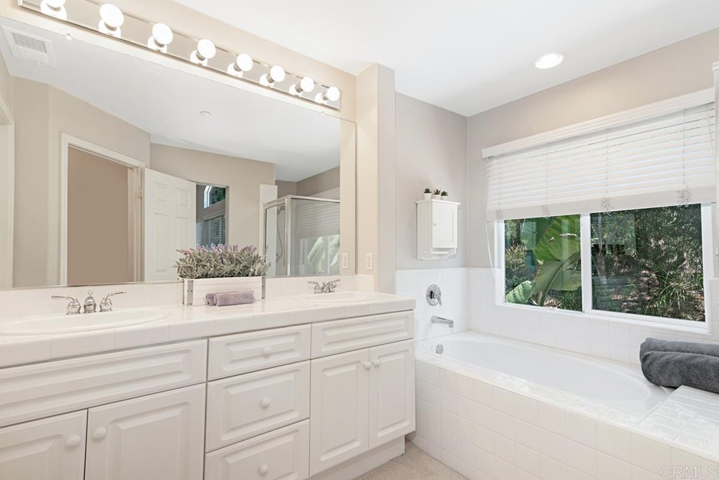 5595 Foxtail Loop Carlsbad, CA 92010 - Photo 20 of 28 a bathroom with a tub a sink and mirror