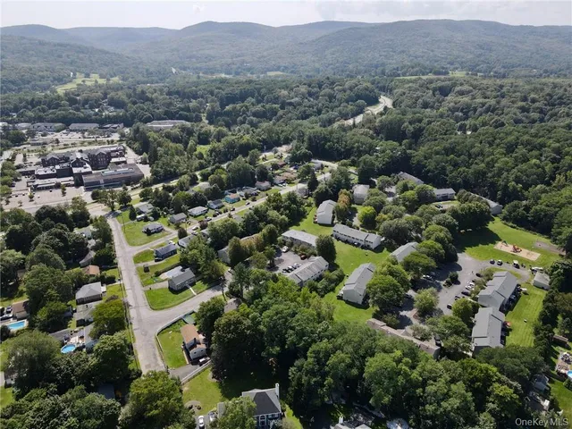 an aerial view of residential houses with outdoor space and trees