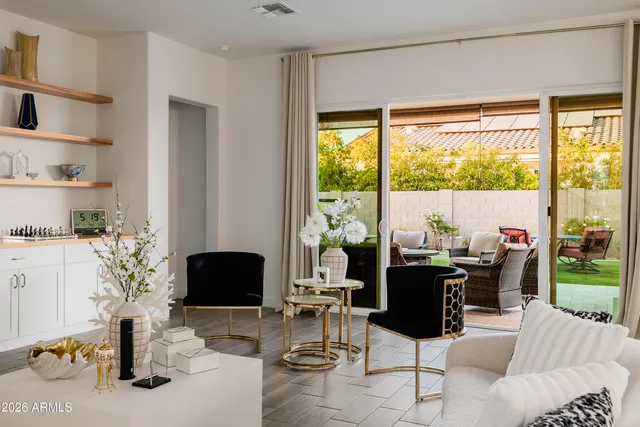 an aerial view of a house with a garden