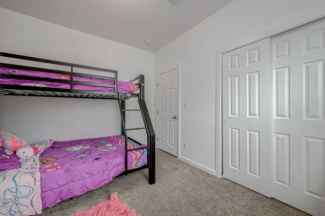 a bedroom with a bed and a closet