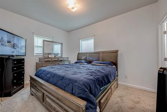 a bedroom with a bed and a dresser