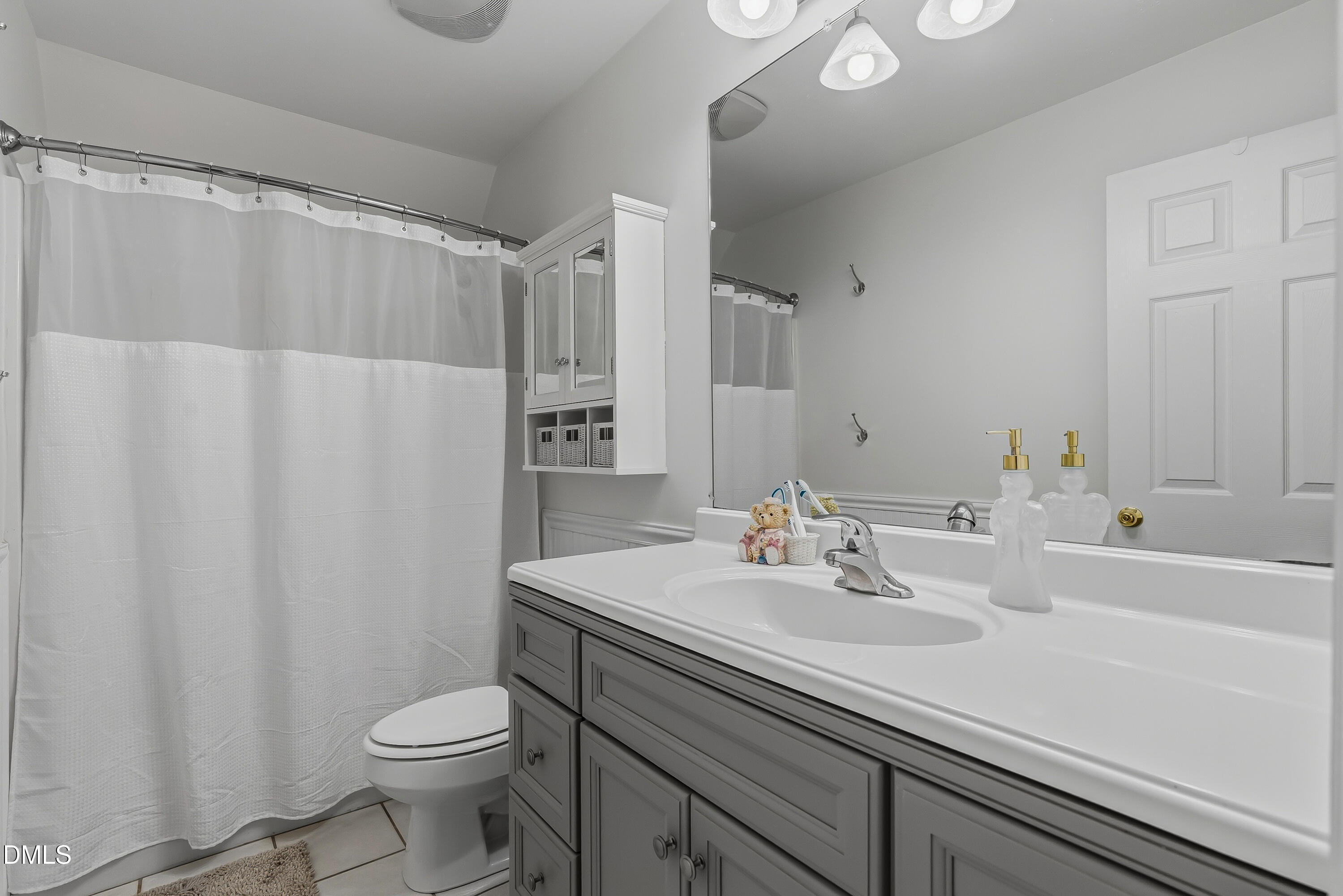 1214 Halcyon Place Rougemont, NC 27572 - Photo 33 of 69 a bathroom with a sink a toilet a mirror and shower curtain
