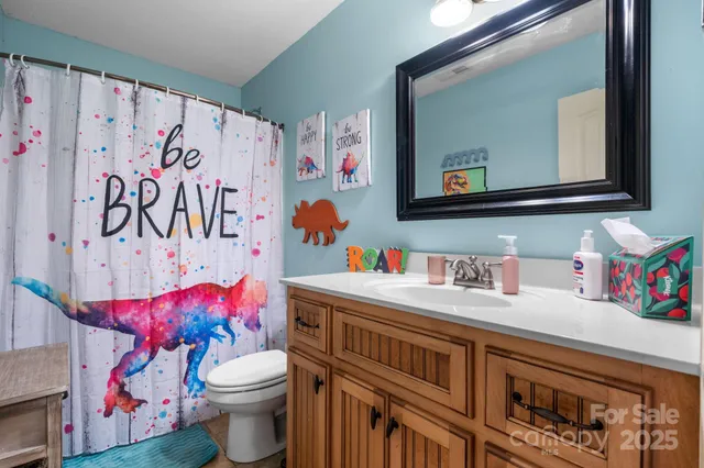 a bathroom with a sink vanity mirror and toilet