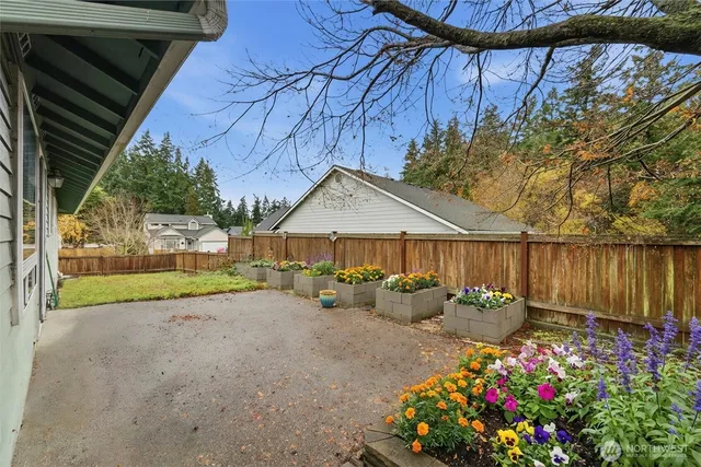 a view of a backyard with plants and a garden