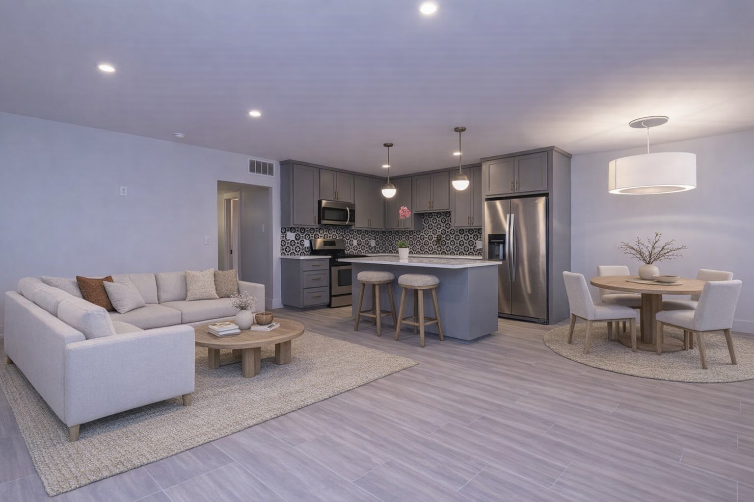 505 West 7th Street, Unit 103 Austin, TX 78701 - Photo 3 of 21 a living room with furniture a refrigerator and kitchen view