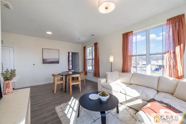 a living room with furniture a rug and a large window