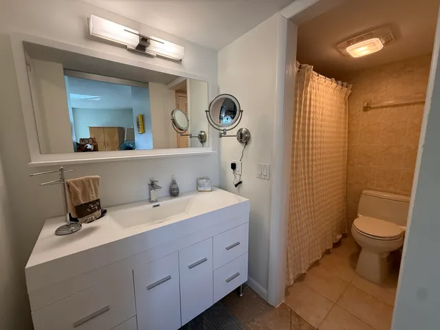 a bathroom with a sink a toilet and a mirror