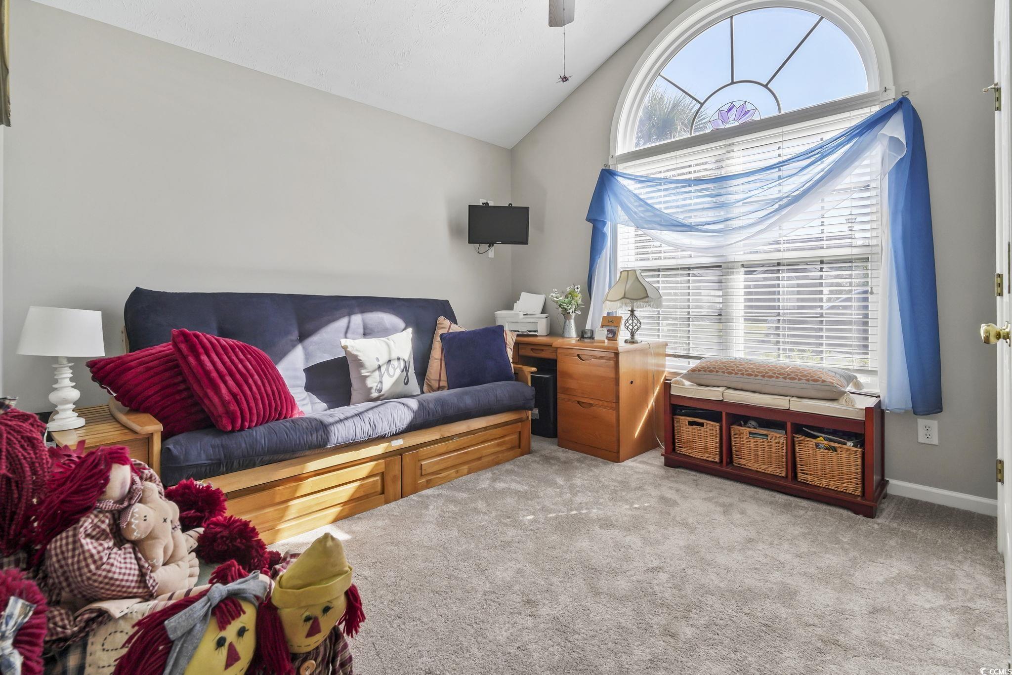 4105 Eva Bay Drive Murrells Inlet, SC 29576 - Photo 11 of 40 Living area featuring light carpet, high vaulted ceiling, and a ceiling fan