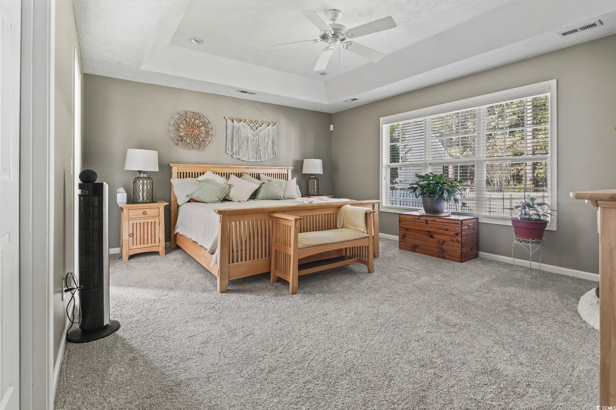 4105 Eva Bay Drive Murrells Inlet, SC 29576 - Photo 23 of 40 Carpeted bedroom featuring a tray ceiling and a ceiling fan
