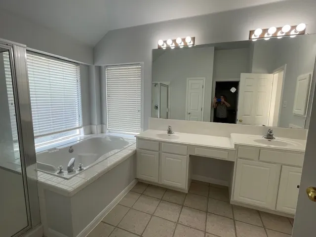 a bathroom with a sink vanity tub and a mirror