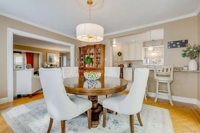 a view of a dining room with furniture