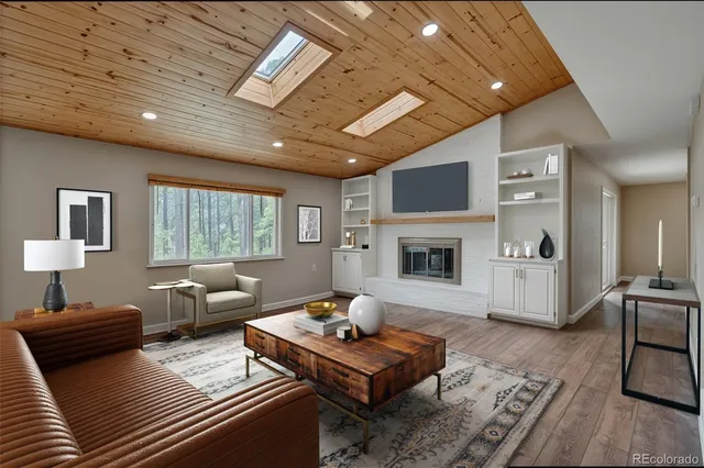 a living room with furniture fireplace and a flat screen tv