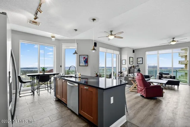 a view of a dining room with furniture