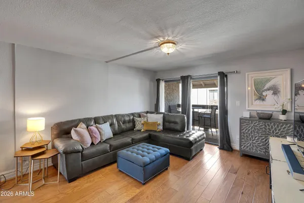 a view of a dining room with furniture