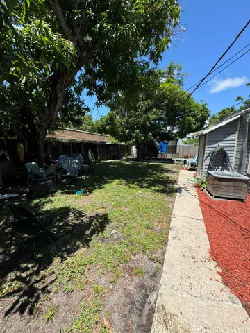 a view of a yard with plants and trees