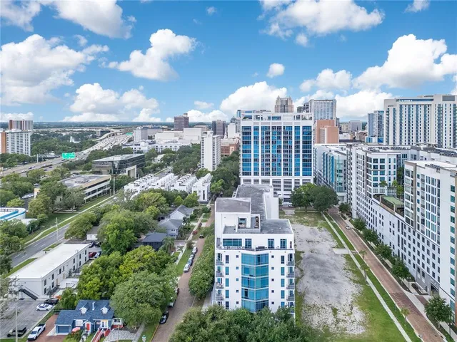 a city view with tall buildings