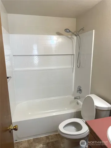 a bathroom with a toilet and a bath tub