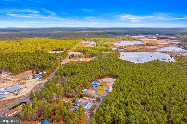 a aerial view of a house with a yard and trees all around
