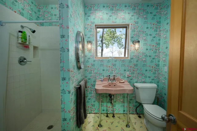 a bathroom with a sink a toilet and shower