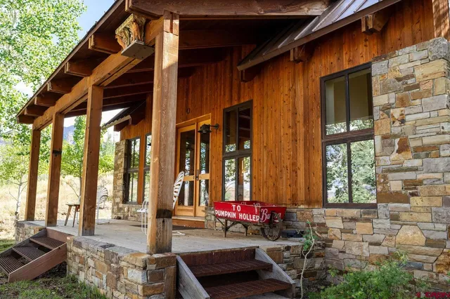 a building outdoor space with patio furniture