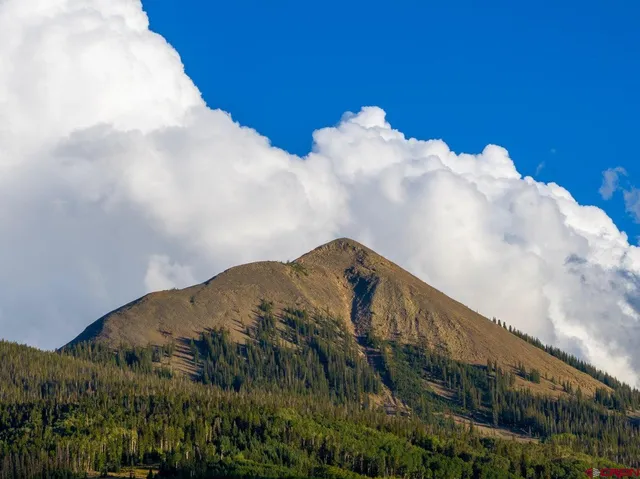 a view of a dry yard with mountains in the background