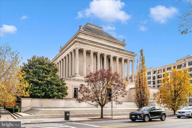 a view of a building with a snow