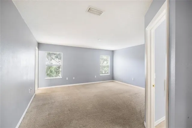 a view of a big room with windows and closet