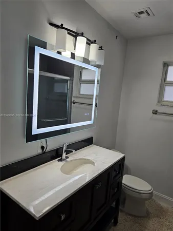a bathroom with a sink vanity and a toilet