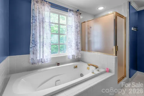 a bathroom with a bathtub and a shower