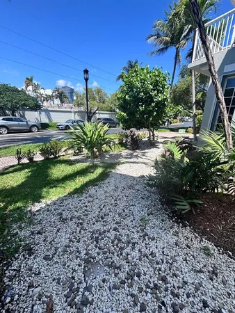 a view of a house with a yard and potted plants