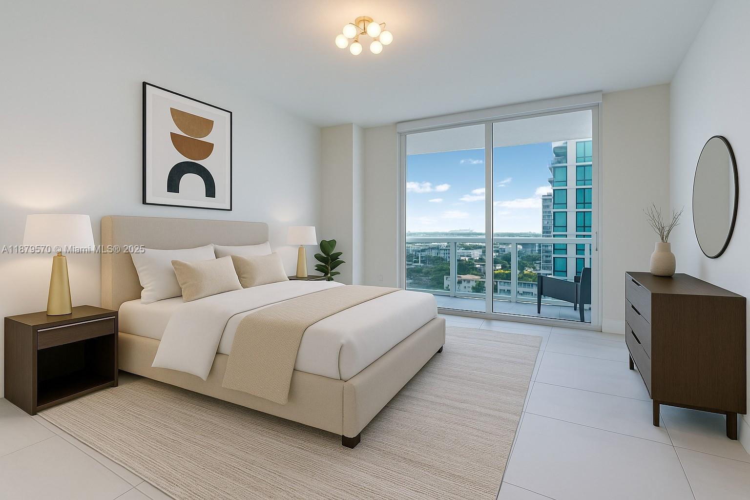 600 Northeast 27th Street, Unit 2801 Miami, FL 33137 - Photo 31 of 48 a spacious bedroom with a balcony a bed and a painting on the wall