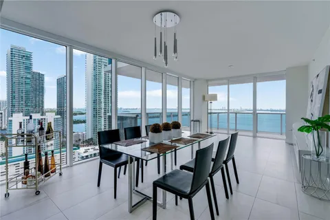 a view of a dining room with furniture window and outside view