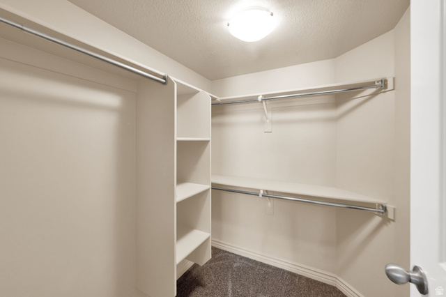 909 South Main Street, Unit G Layton, UT 84041 - Photo 15 of 25 Walk-in closet featuring built-in shelving, multiple hanging rods, and textured carpet flooring