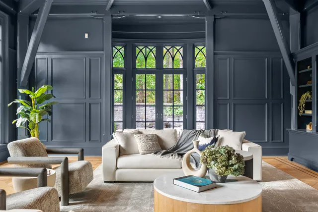 a living room with furniture and a potted plant