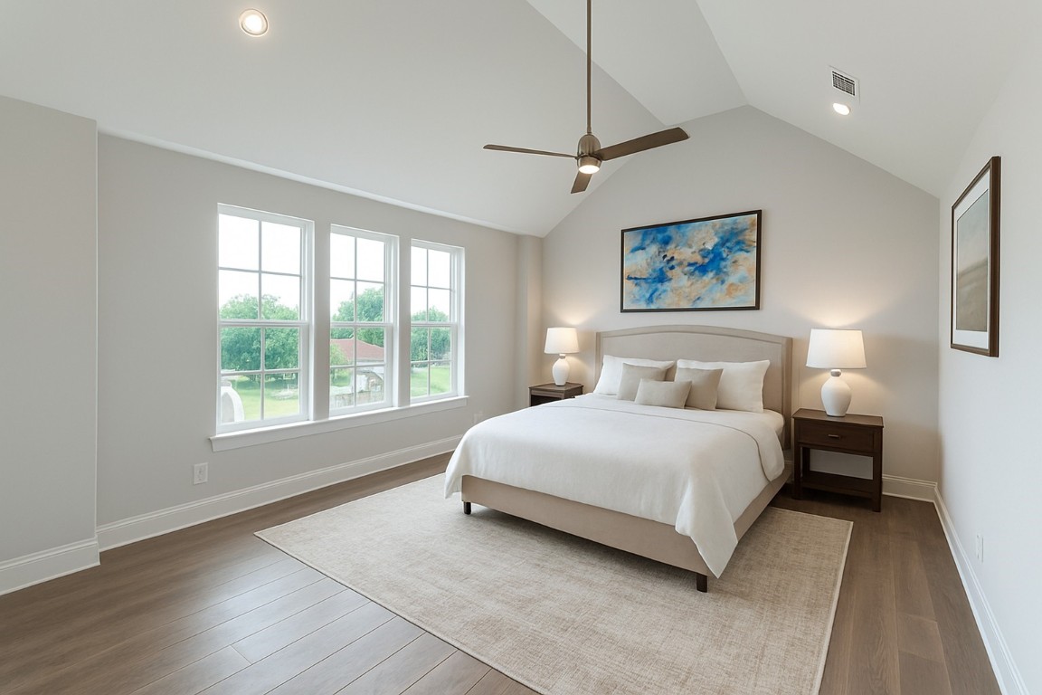 735 Bringhurst Street Houston, TX 77020 - Photo 11 of 17 LARGE primary bedroom with vaulted ceiling. Virtual staging added.